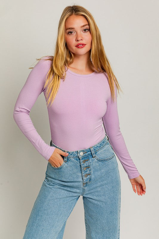 Long Sleeve Round Neck Ribbed Bodysuit LAVENDER Bodysuit