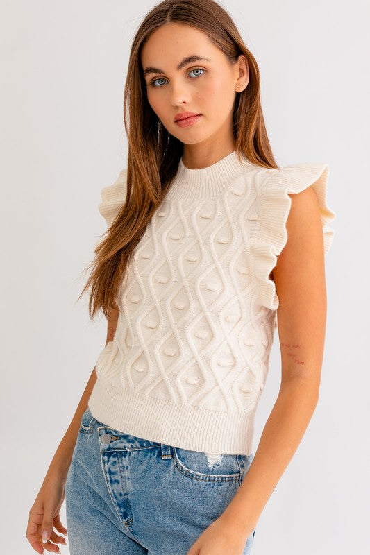 Mock Neck Ruffle Sleeve Cable Tank WHITE M Sweater