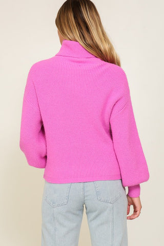 Rib Knitted Turtleneck Sweater with Bishop Sleeve Sweater