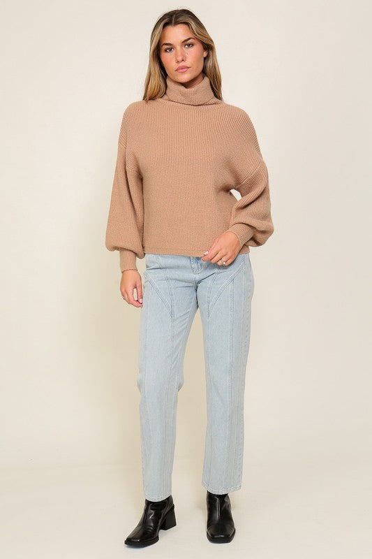 Rib Knitted Turtleneck Sweater with Bishop Sleeve Sweater