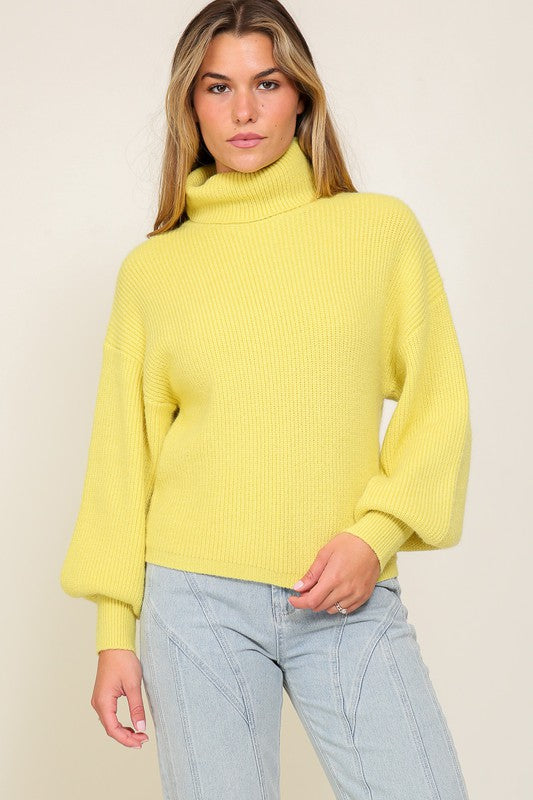 Rib Knitted Turtleneck Sweater with Bishop Sleeve Lemon Sweater