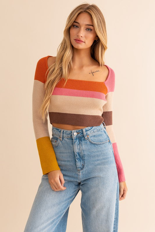 Long Sleeve Color Block Stripe Knit Top Rust-Multi Top