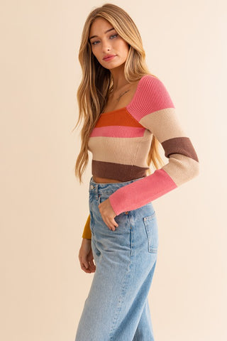 Long Sleeve Color Block Stripe Knit Top Top