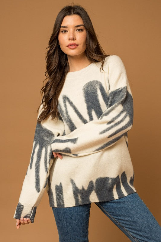 Long Sleeve Spray Print Sweater CREAM-BLUE Sweater