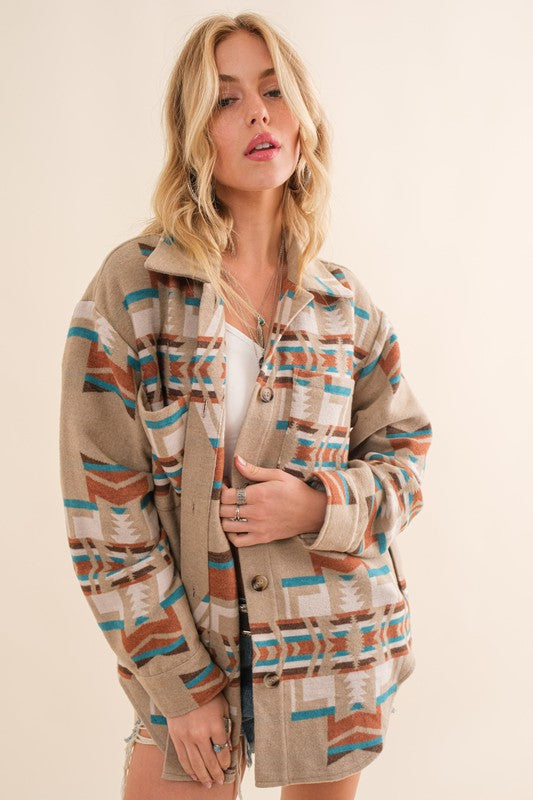 Geometric Print Shirt Jacket TAUPE TEAL Jacket