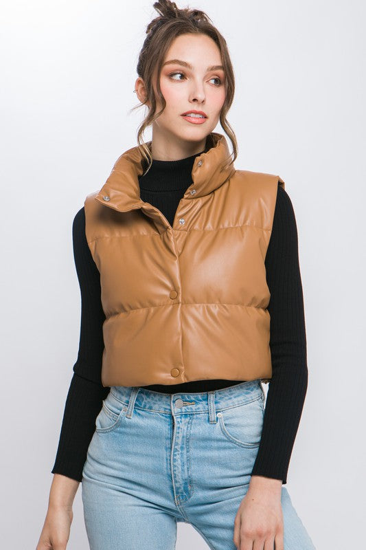 PU Faux Leather puffer West With Snap Button CAMEL vest
