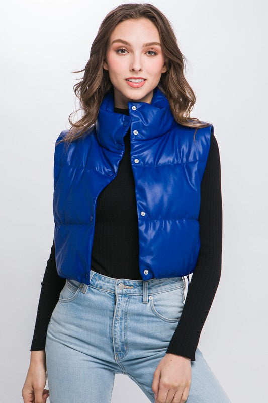 PU Faux Leather puffer West With Snap Button vest