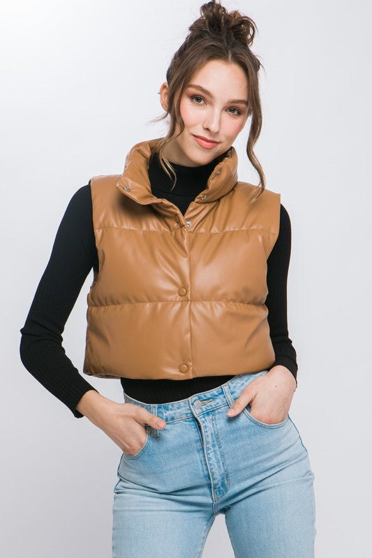 PU Faux Leather puffer West With Snap Button vest