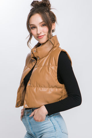 PU Faux Leather puffer West With Snap Button vest