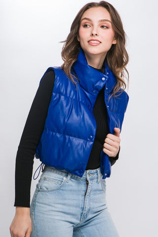 PU Faux Leather puffer West With Snap Button vest