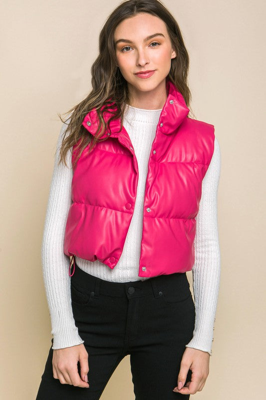 PU Faux Leather puffer West With Snap Button vest