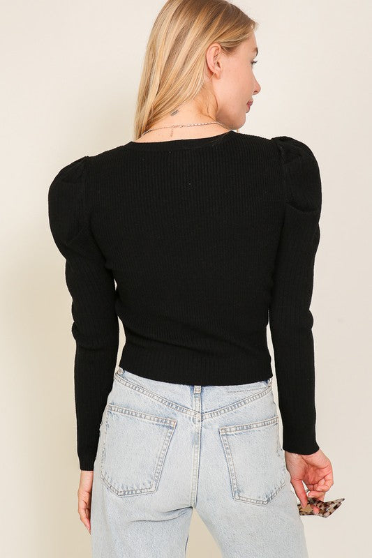 Ribbed Puff Sleeve Knit Top Sweater