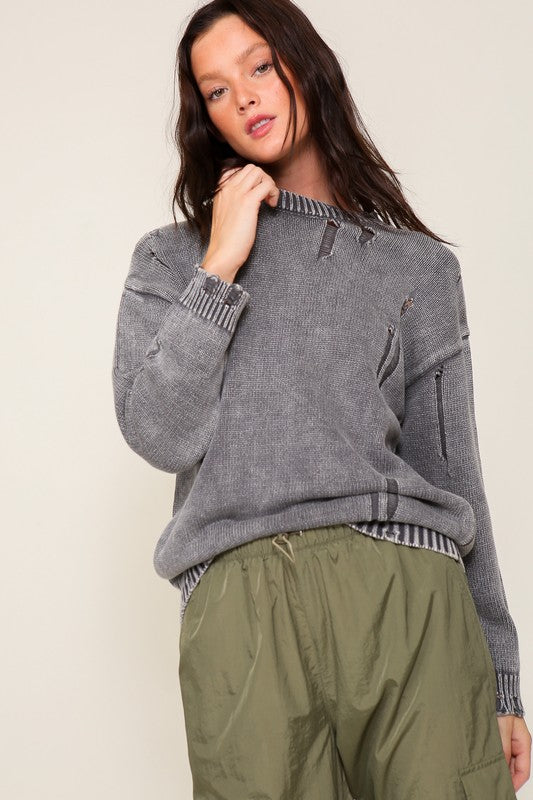 Mineral Wash Distressed Sweater Charcoal Sweater