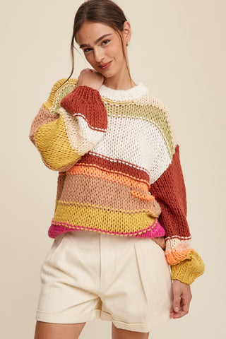 Open Mixed Knit Slouchy Hand Crochet Sweater Sweater