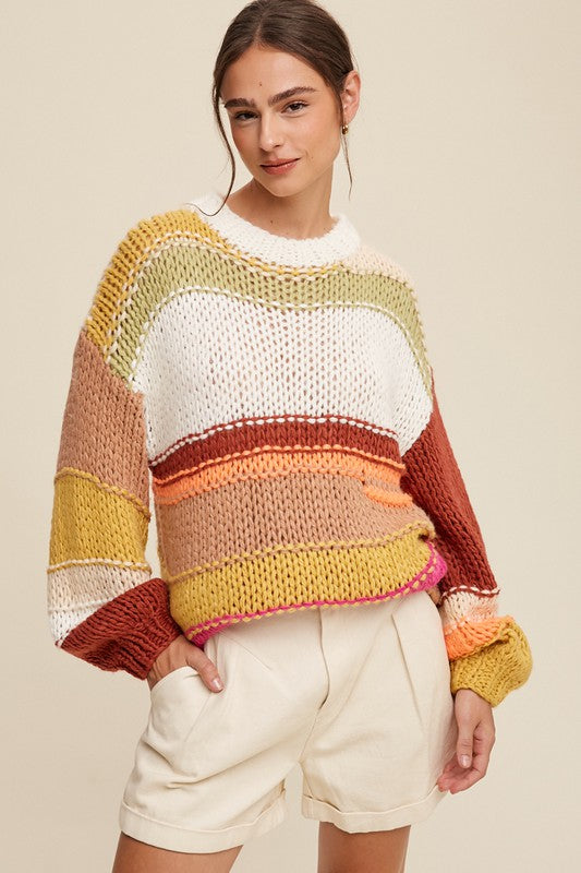 Open Mixed Knit Slouchy Hand Crochet Sweater Brick Multi Sweater
