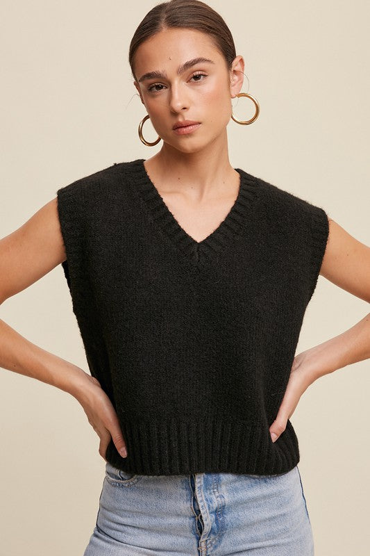 Soft Touch Cropped Knit Vest Black Sweater
