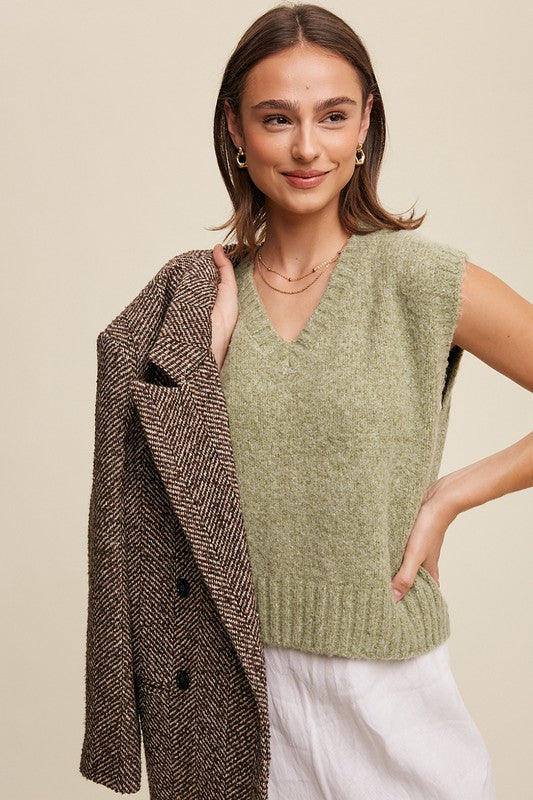 Soft Touch Cropped Knit Vest Olive Sweater
