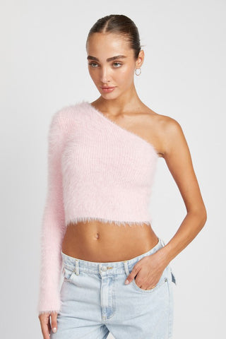 One shoulder fluffy crop sweater PINK Sweater