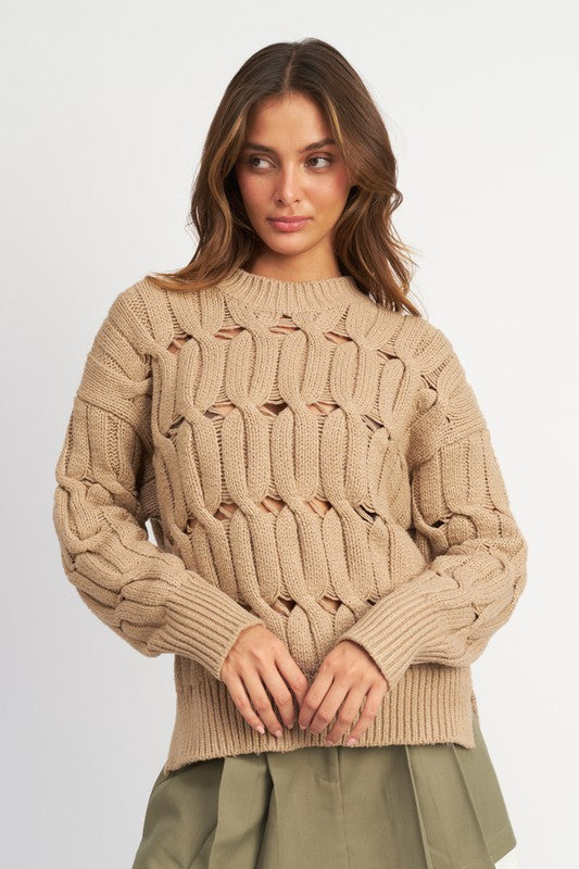 Open Knit Sweater with Slits TAUPE Sweater
