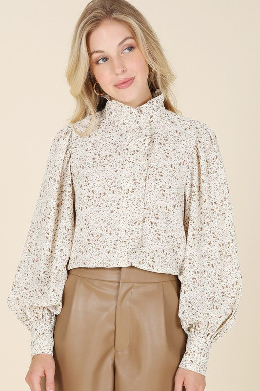 Stand collar floral frill blouse Ivory floral Top