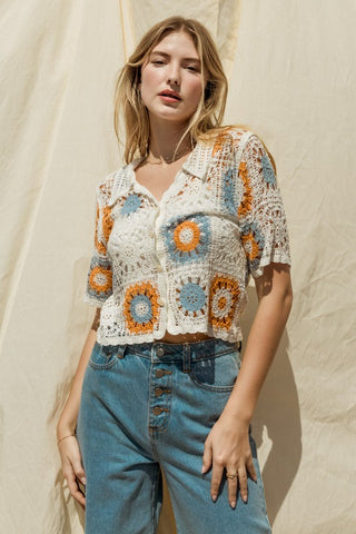 Short Sleeve Button Front Crochet Top top