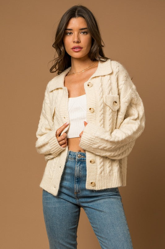 Collared Cable Sweater Cardigan White cardigan