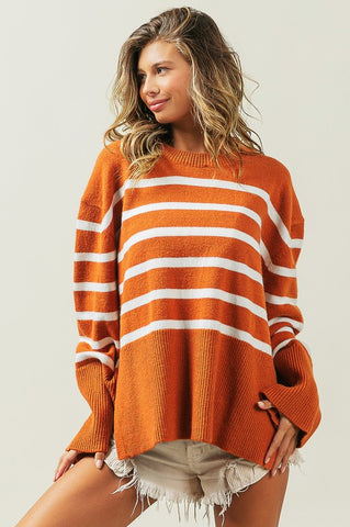 Ribbed Hem Stripe Sweater RUST Sweater