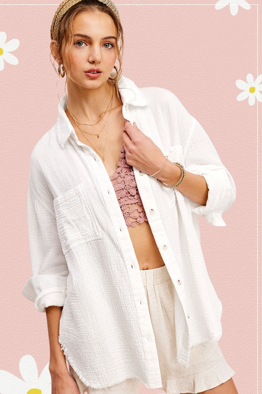 Soft Washed Crinkled Gauze Button Down Shirt WHITE Shirt