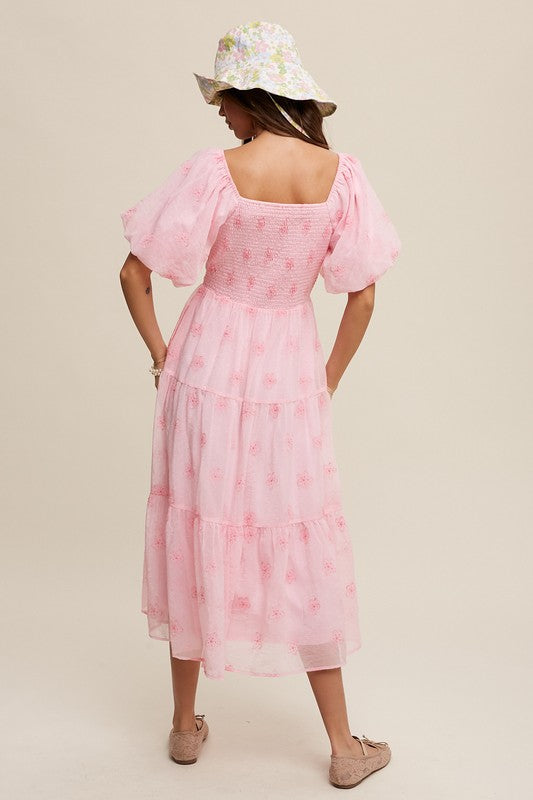 Flower Embroidered Puff Sleeve Tiered Maxi Dress Dress