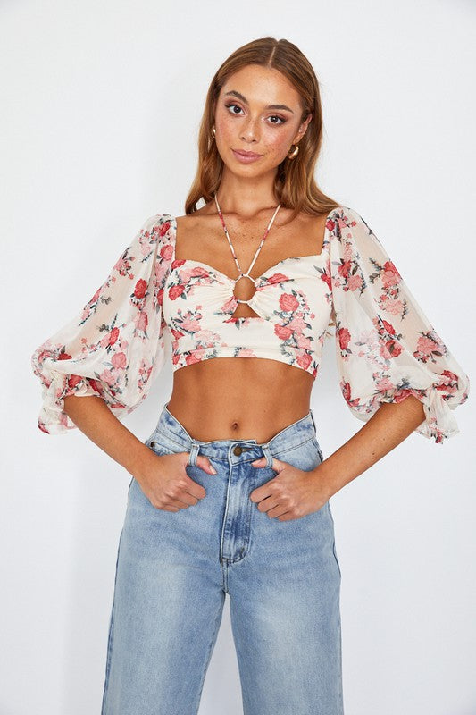 Chiffon Balloon Sleeved Bustier Crop Top Top