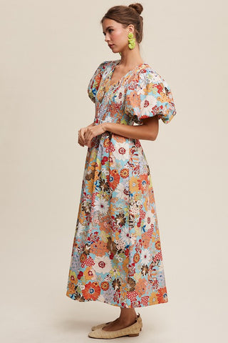 Flower Print Smocked V-neck Puff Sleeve Maxi Dress Dress