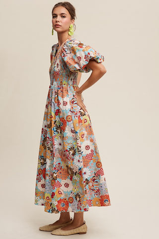 Flower Print Smocked V-neck Puff Sleeve Maxi Dress Dress