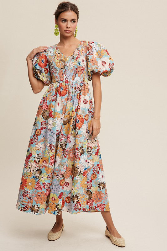 Flower Print Smocked V-neck Puff Sleeve Maxi Dress Aqua Dress