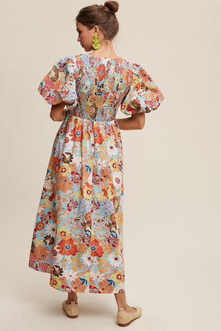 Flower Print Smocked V-neck Puff Sleeve Maxi Dress Dress