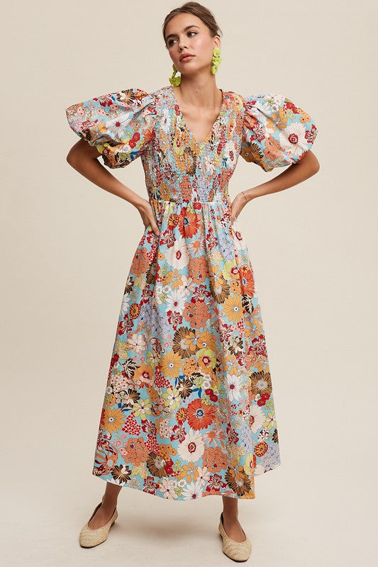 Flower Print Smocked V-neck Puff Sleeve Maxi Dress Dress