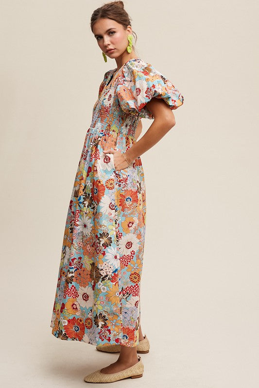 Flower Print Smocked V-neck Puff Sleeve Maxi Dress Dress