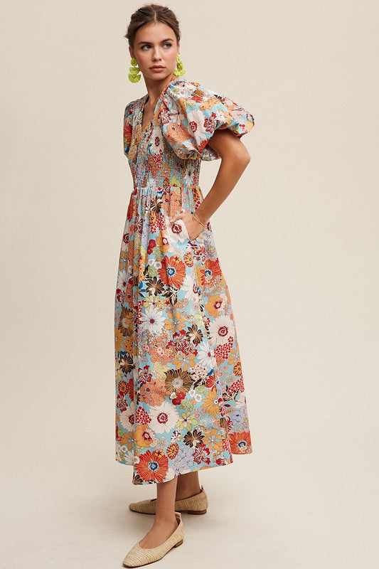 Flower Print Smocked V-neck Puff Sleeve Maxi Dress Dress