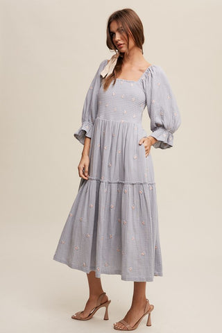 Ditzy Floral Embroidery Puff Sleeve Maxi Dress Dress