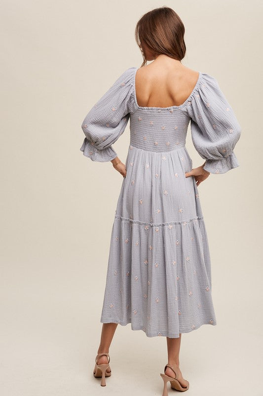 Ditzy Floral Embroidery Puff Sleeve Maxi Dress Dress