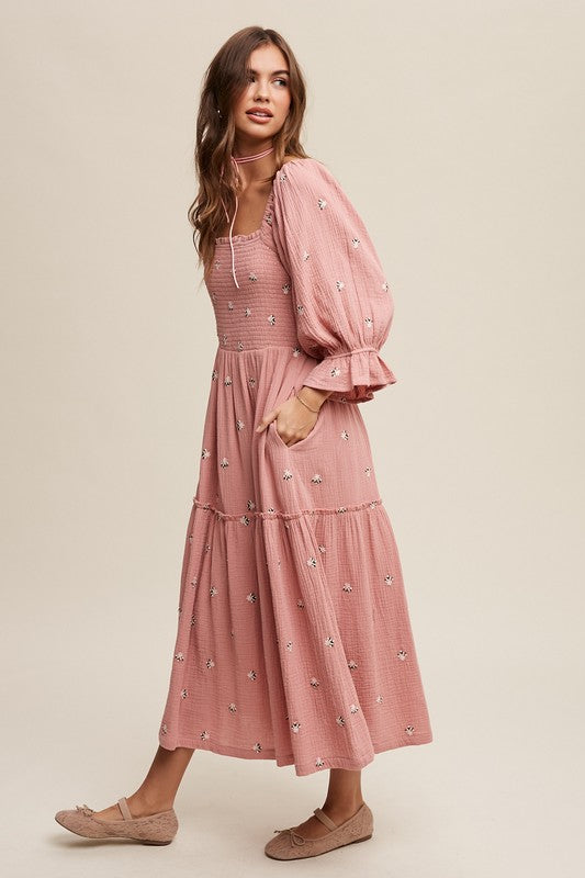 Ditzy Floral Embroidery Puff Sleeve Maxi Dress Dress