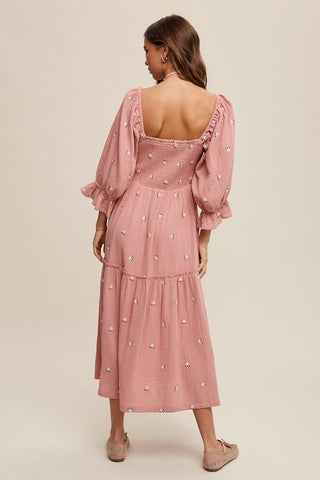 Ditzy Floral Embroidery Puff Sleeve Maxi Dress Dress