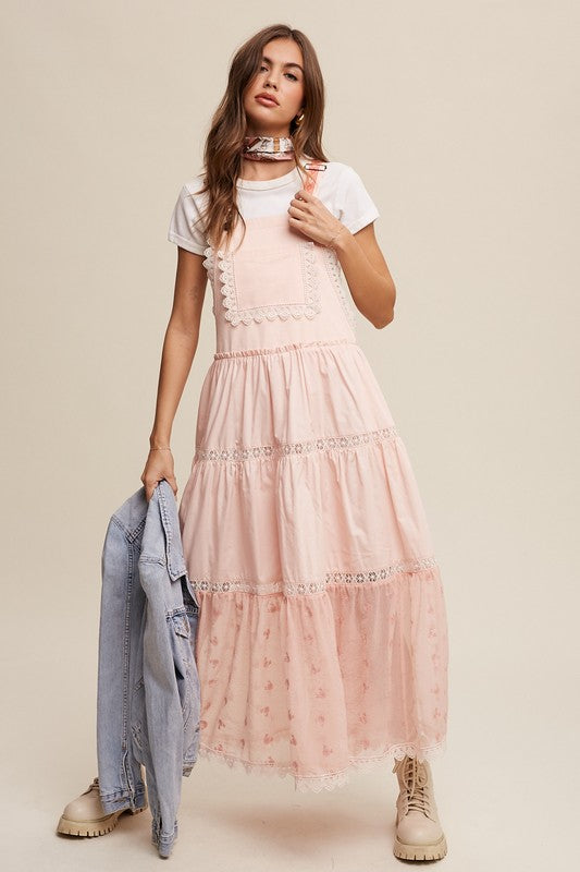 Laced and Tiered Romantic Overall Maxi Dress Peach Amber Dress