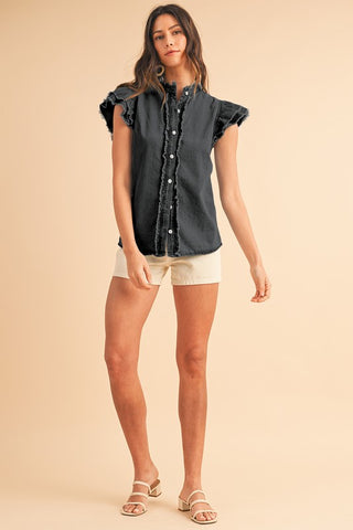 Button Front Ruffled Flutter Frayed Denim Top Top