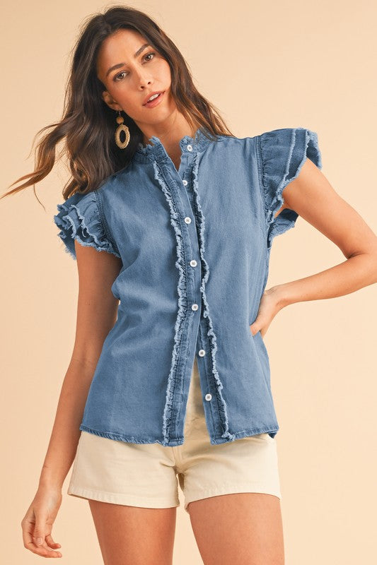 Button Front Ruffled Flutter Frayed Denim Top Top