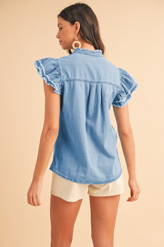 Button Front Ruffled Flutter Frayed Denim Top Top