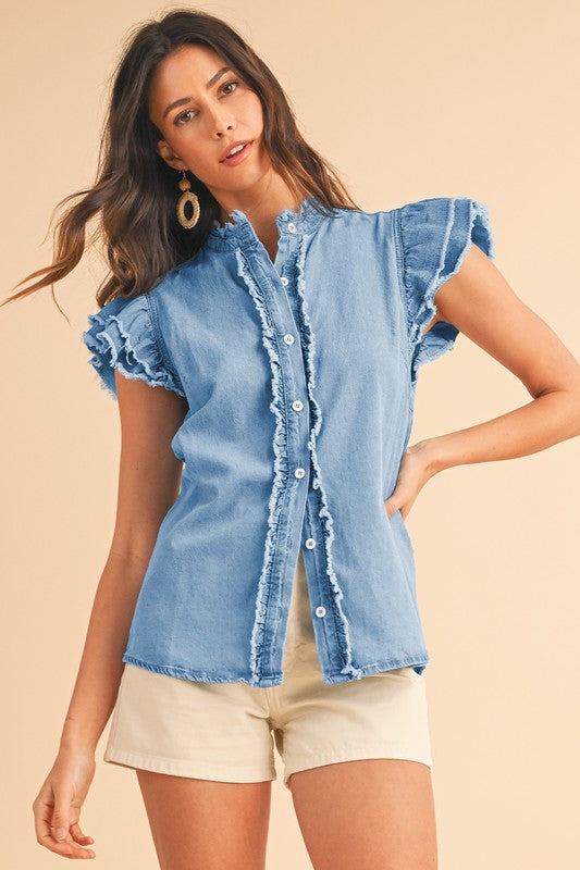 Button Front Ruffled Flutter Frayed Denim Top LIGHT BLUE SW7821146-P804 Top