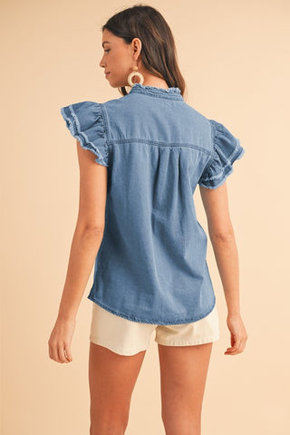 Button Front Ruffled Flutter Frayed Denim Top Top