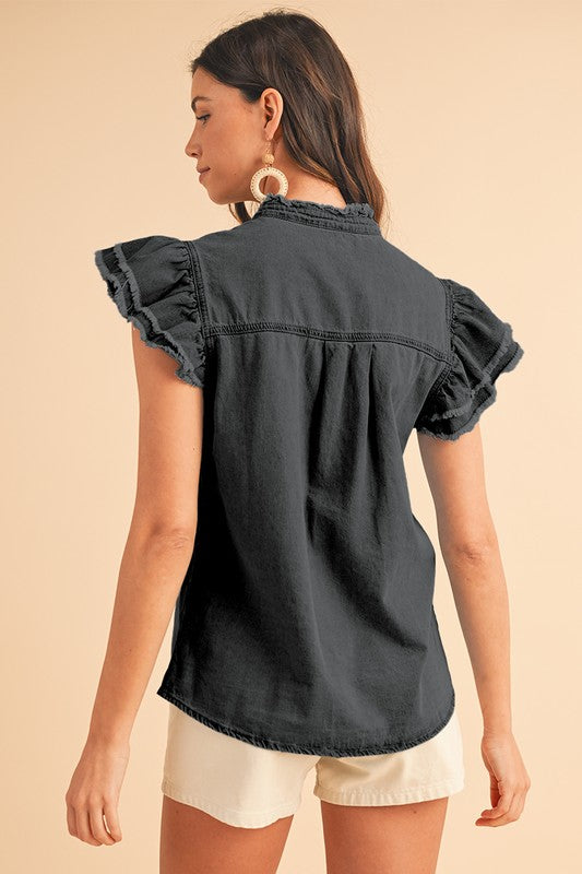 Button Front Ruffled Flutter Frayed Denim Top Top