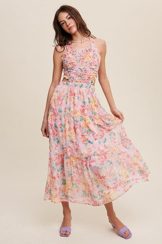 Floral Bubble Textured Two-Piece Style Maxi Dress Pink Dress