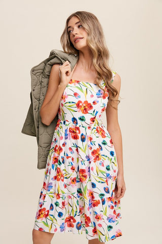 Flower Print Square Neck Dress Dress